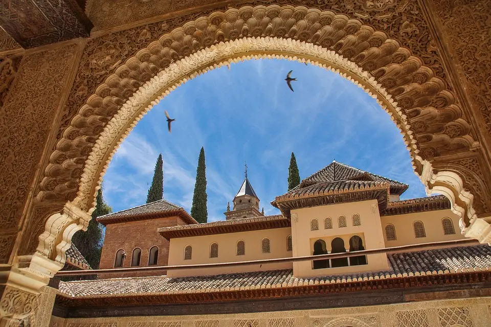 Intricate Moorish architecture in Alhambra, Granada